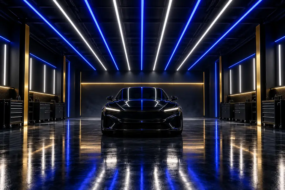 A car under the lights of a WIT detailing bay